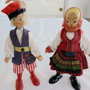 Vintage Folk Art Traditional Clothing Boy and Girl Polish Wooden Peg Doll Set